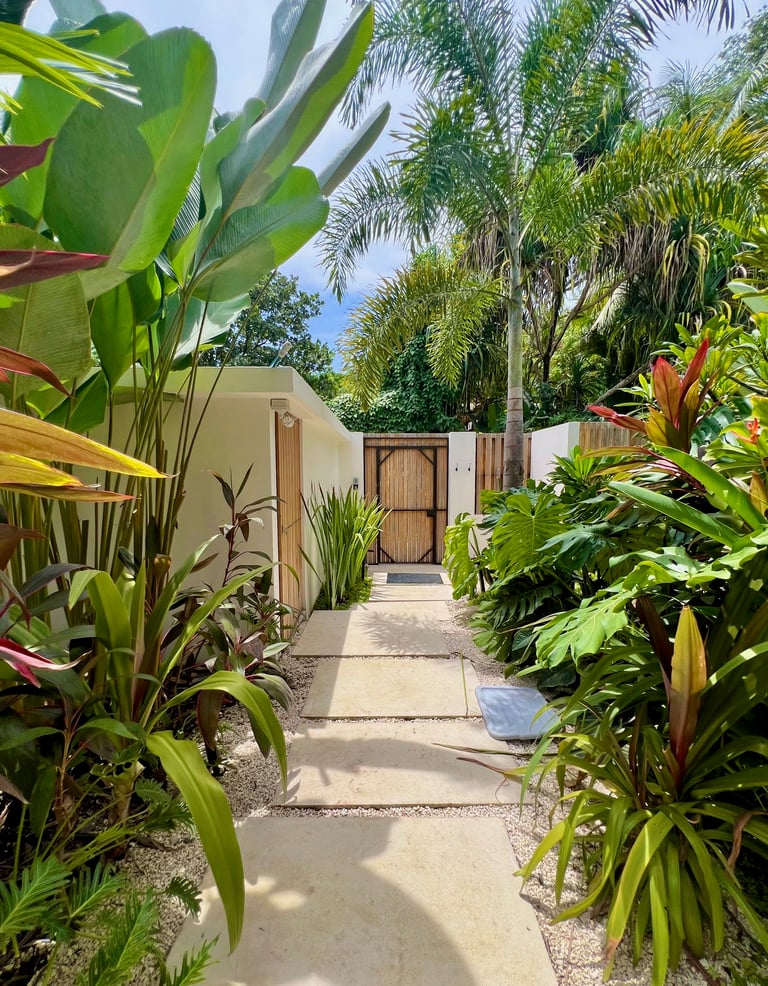 Stone path through monstera and palms to the private wooden entry gate