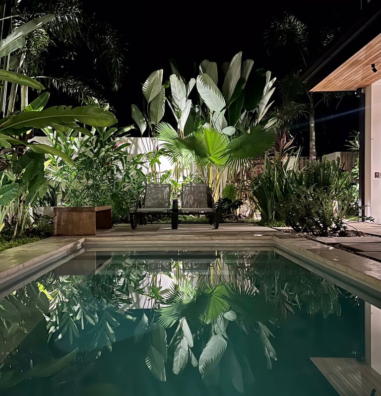Night pool mirroring lit tropical gardens